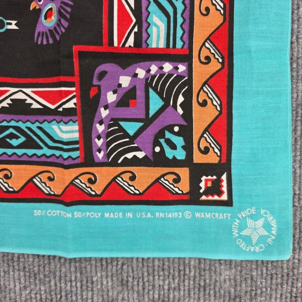 Vintage Wamcraft Bandana USA Made Turquoise Black Southwestern Tribal Scarf 22in